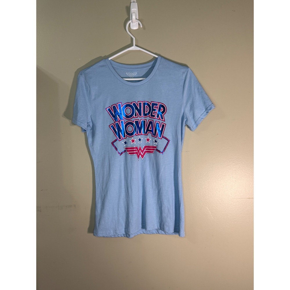 Wonder Woman Graphic T-Shirt Light Blue Metallic Foil Logo DC Comics Size M